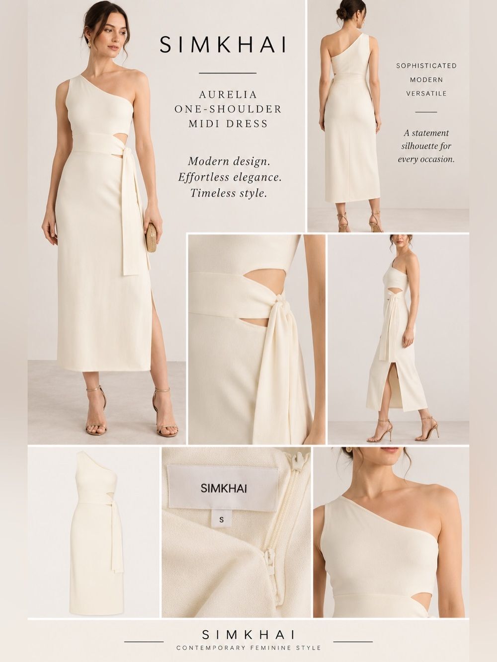 SIMKHAI Aurelia Ivory One-Shoulder Cutout Midi Dress NWOT DS3/DM2